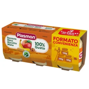 Confezione da 3 vasetti di omogeneizzato Plasmon al gusto banana mela biscotto e miele